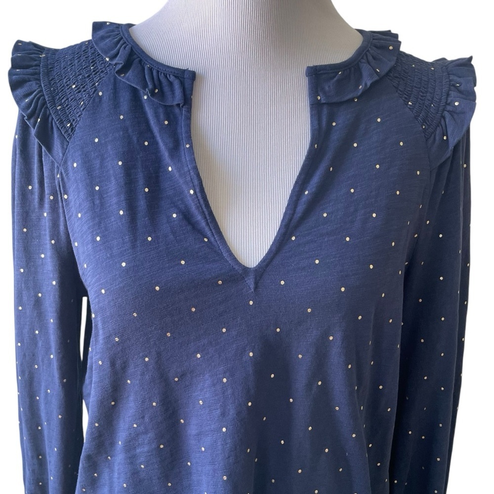 Boden Notch Neck Smocked Frill Top Cotton Blouse in Navy Gold Dot Size 6 T1034 - Picture 3 of 11